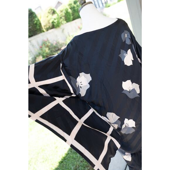 100% Vintage Mod Kaftan Dress Long Sleeve Black Floral Flowy - Picture 9 of 9